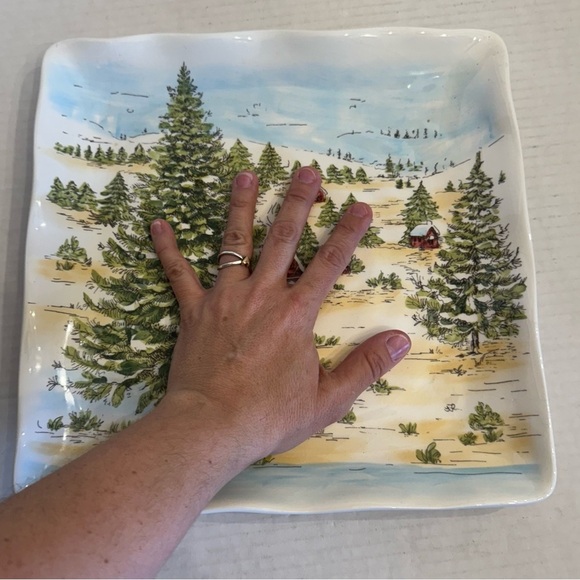 Maxcera SNOWVILLE Square Dinner Plate Winter Snowy Forest House Evergreen Set 2 - Picture 6 of 16